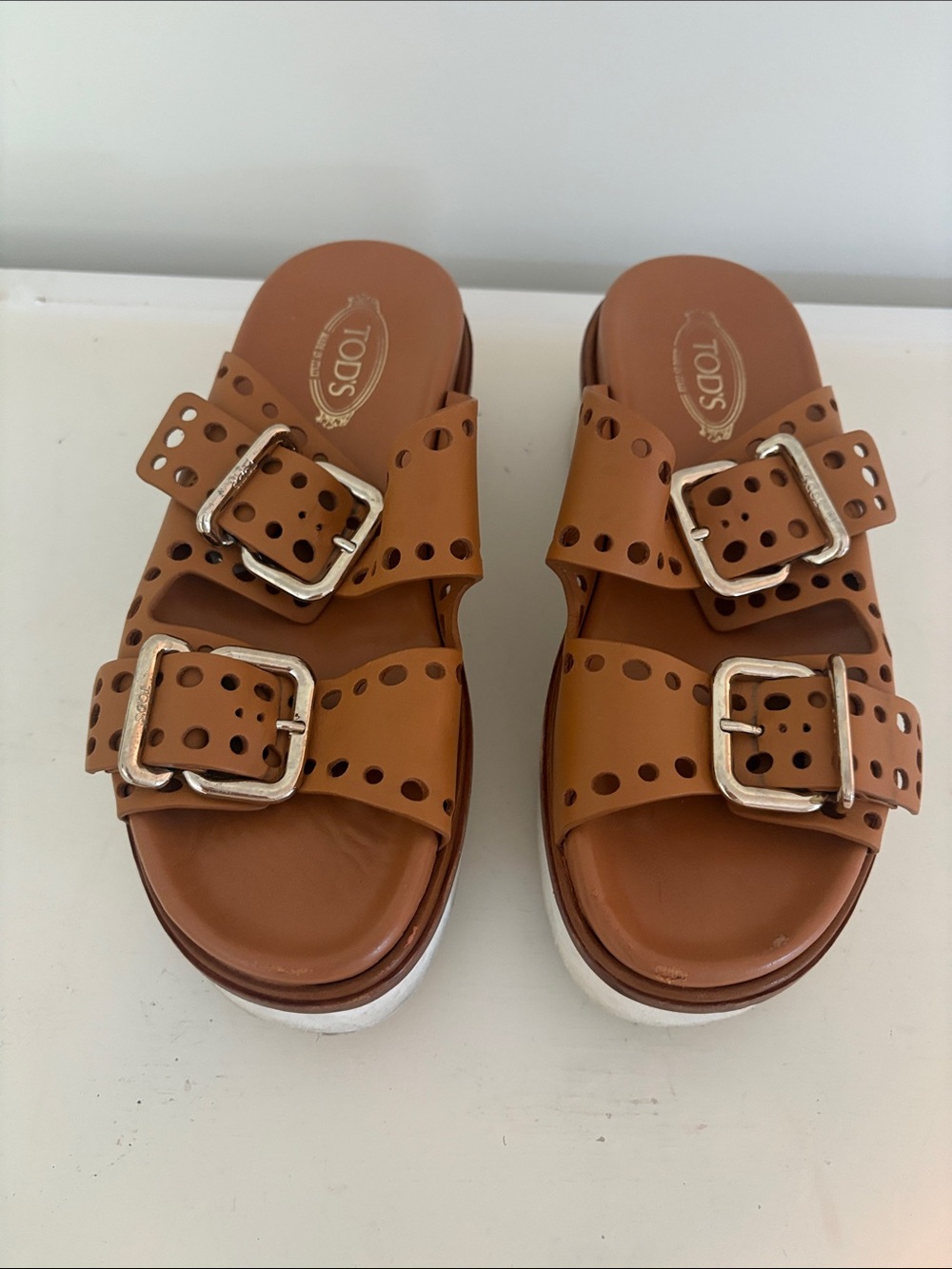 TOD'S Cognac Leather Double-Buckle Slide Sandals